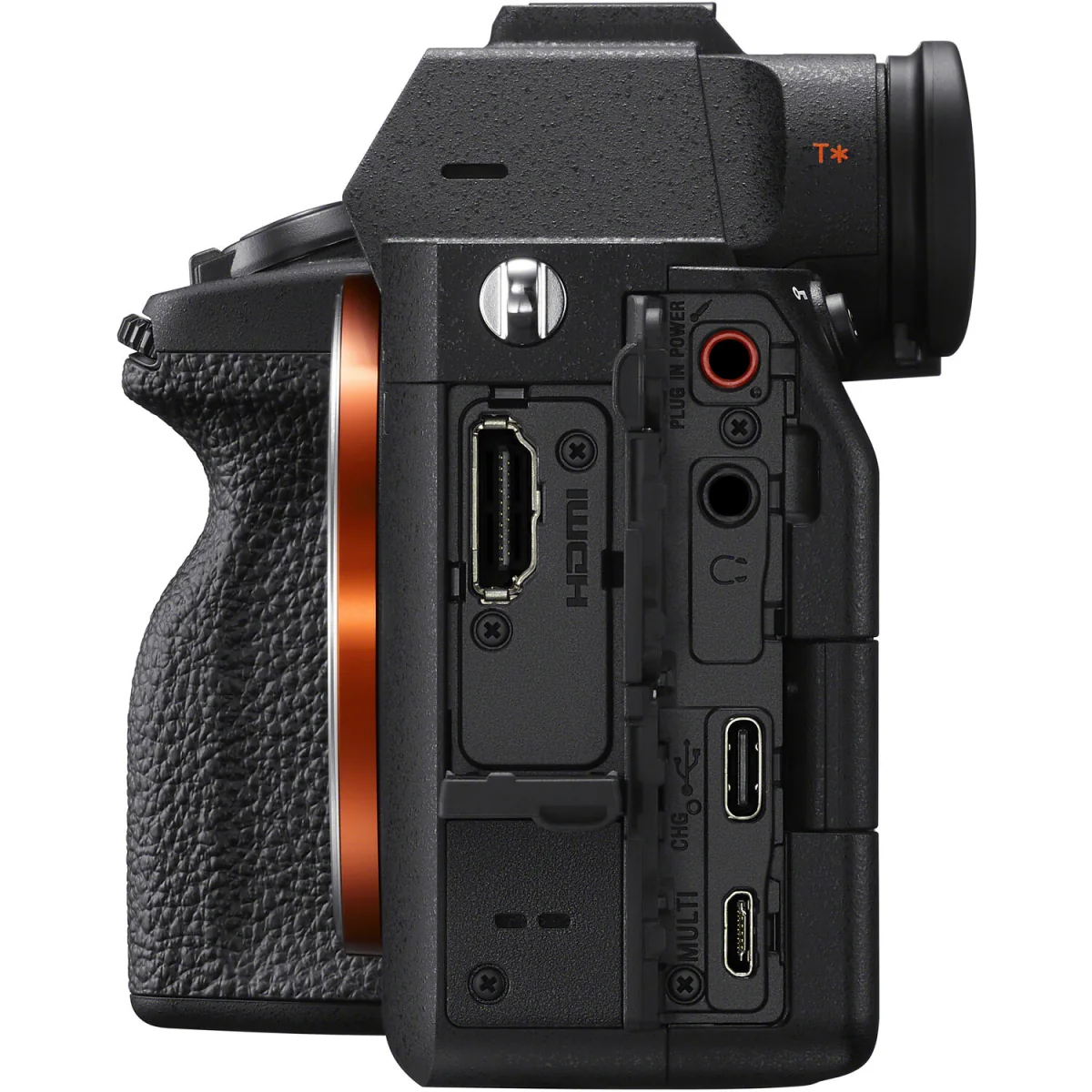 Sony α7 IV 카메라 측면의 HDMI, 마이크, 헤드폰과 USB 연결 단자