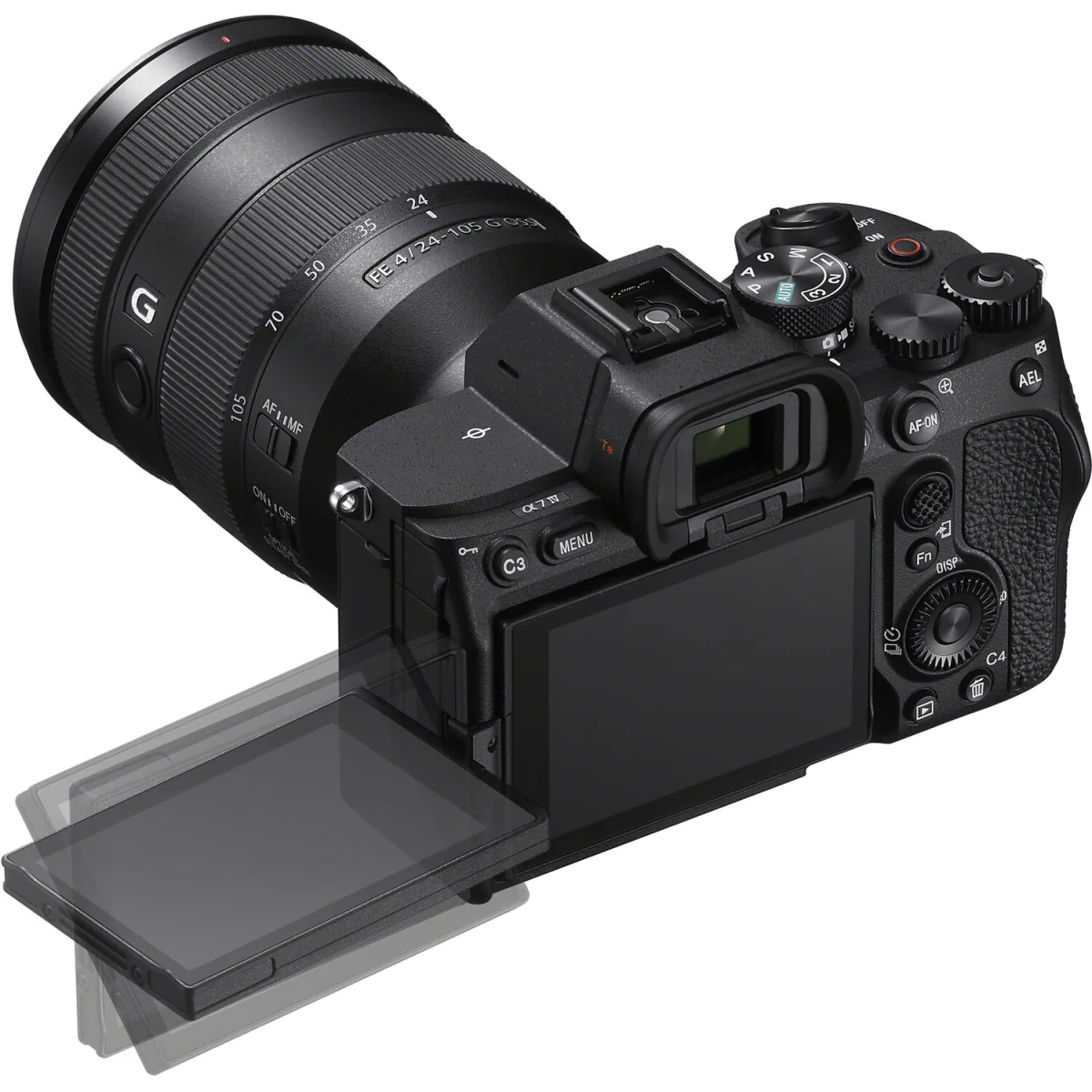 회전형 LCD 화면을 펼친 Sony α7 IV 카메라의 후면