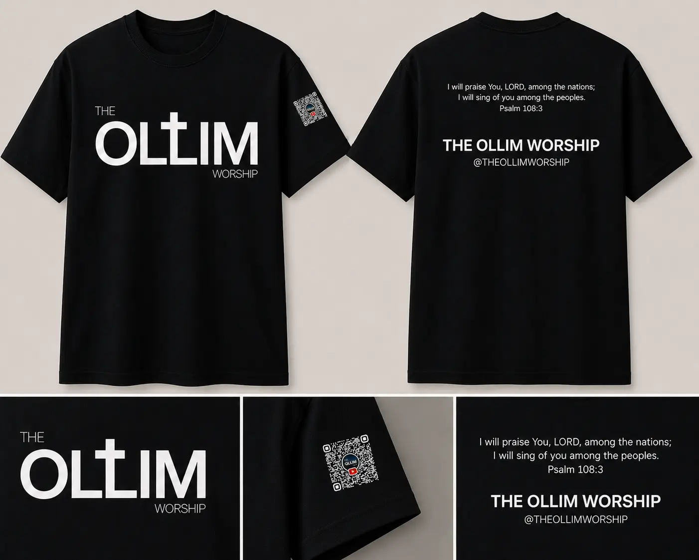 Ollim Worship 블랙 팀 티셔츠의 앞면, 뒷면과 디테일 디자인