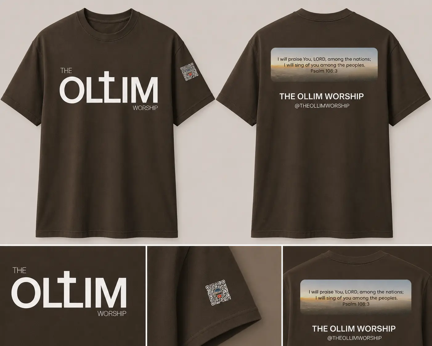 Ollim Worship 브라운 팀 티셔츠의 앞면, 뒷면과 디테일 디자인