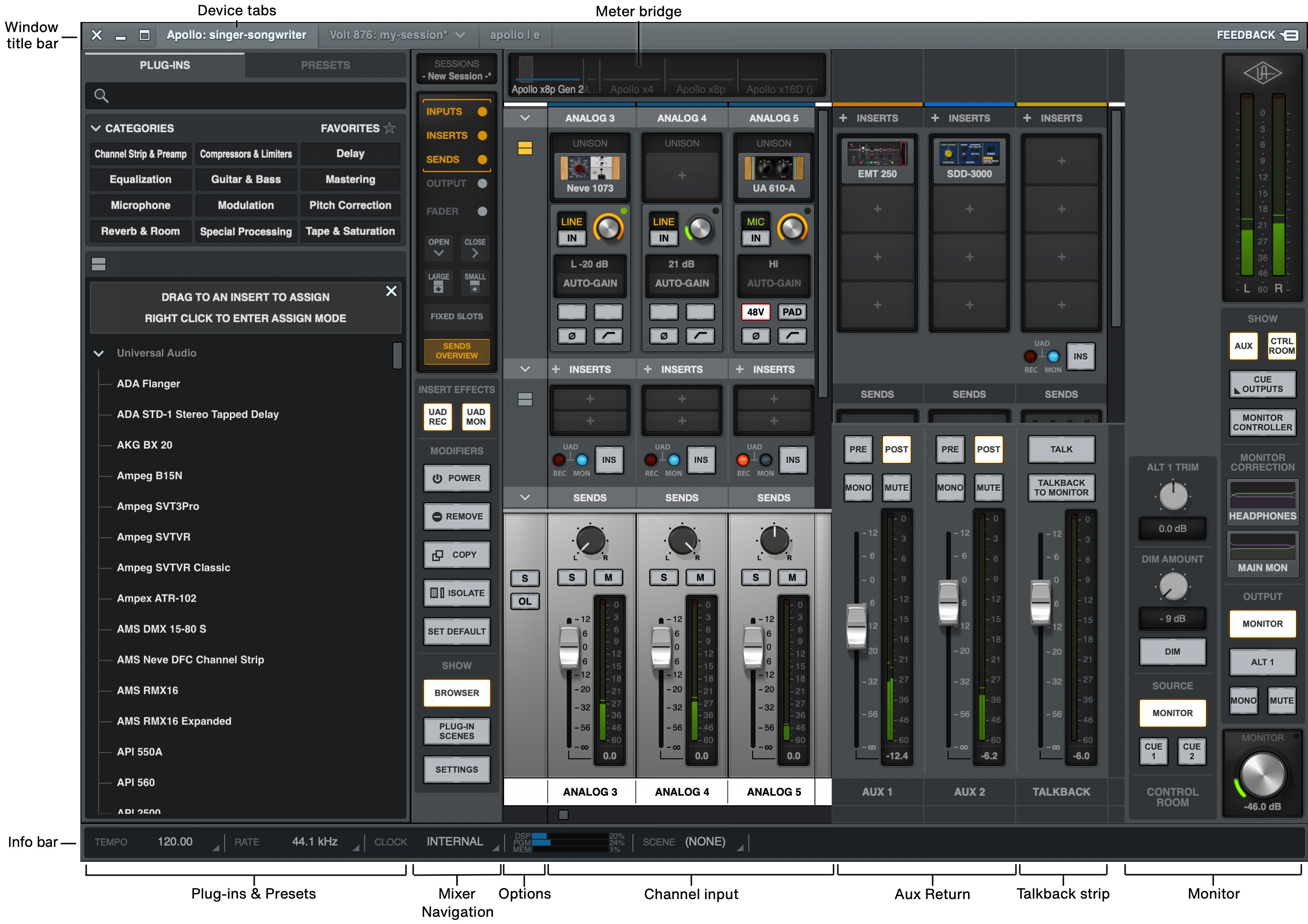 UAD Console 라이브 믹서 화면